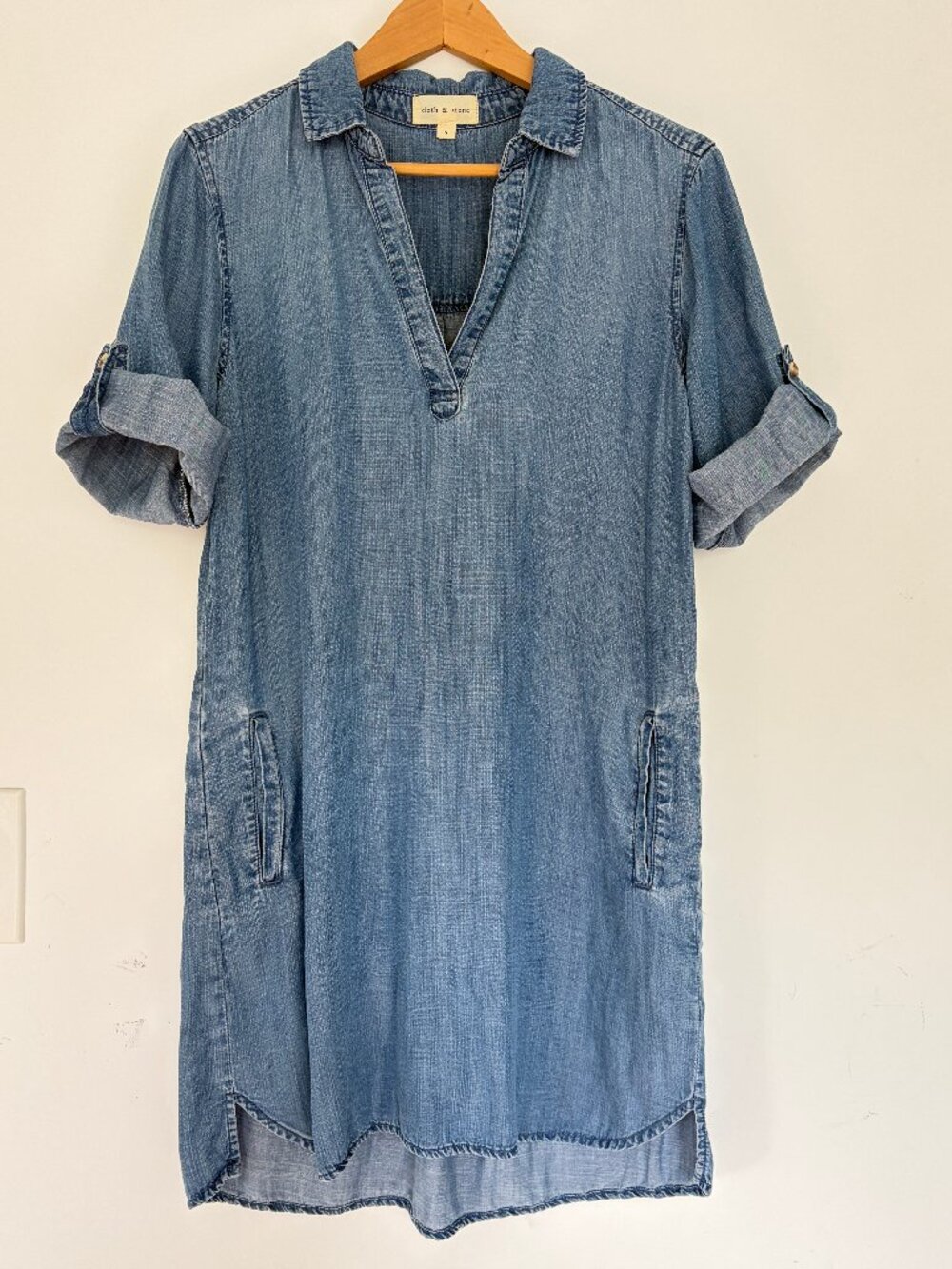 Cloth & Stone Chambray / Denim Roll Tab Short Sleeve Shirt Dress / Tunic Wm's S